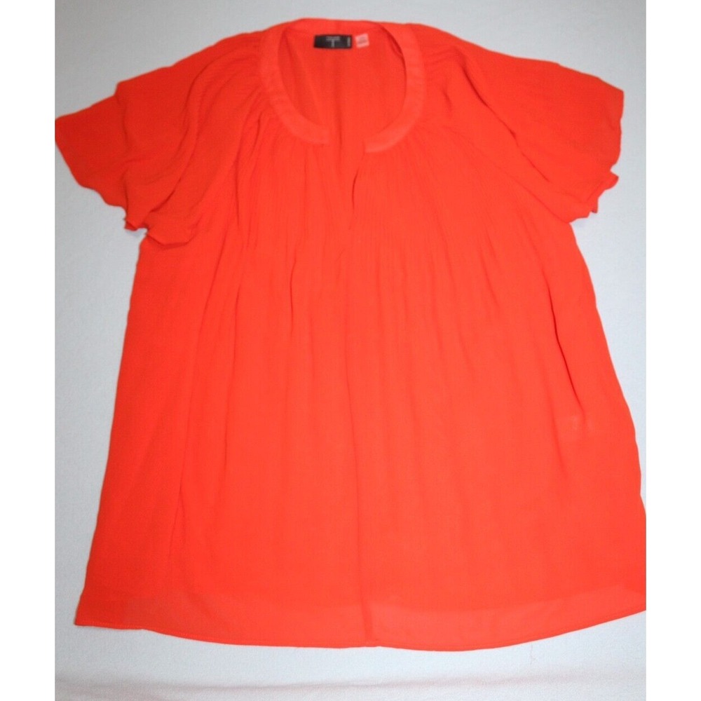Tahari Womens Orange Pleated Short Sleeve V Neck Blouse 1X